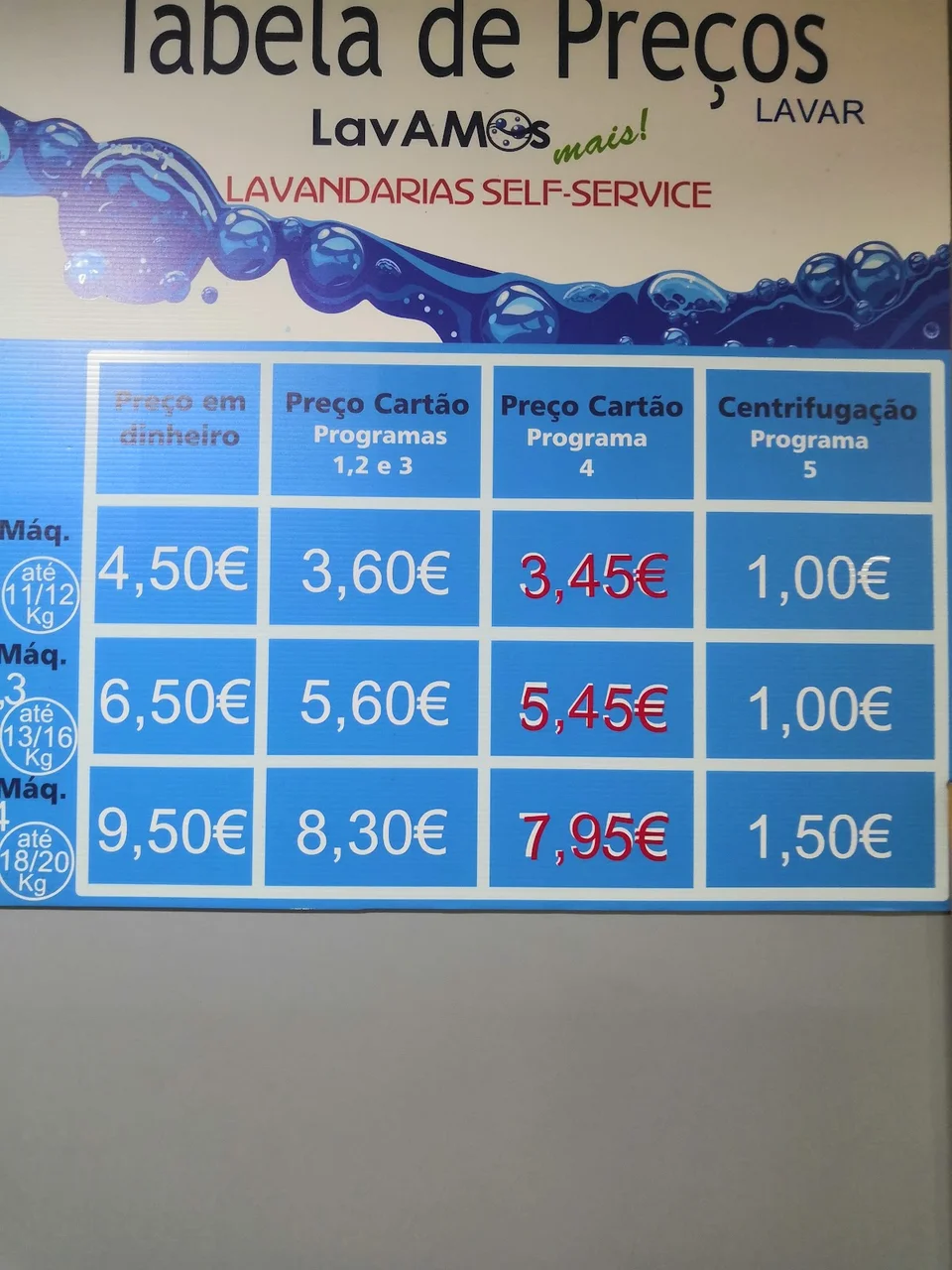Tabela de preços de lavagem afixada na parede da lavandaria